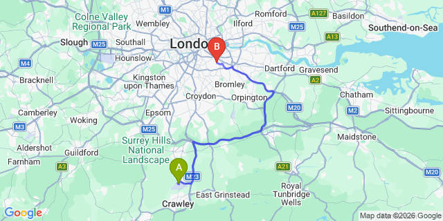 Map: London Gatwick Airport (LGW) to London SE4