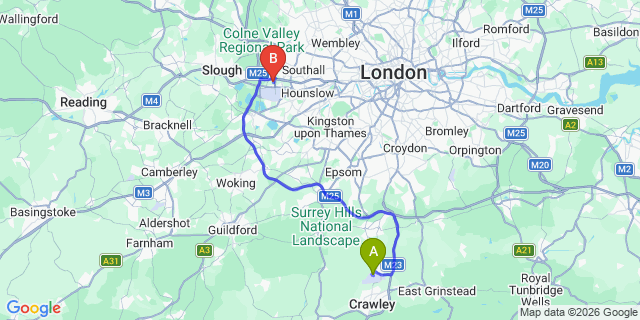 Map: London Gatwick Airport (LGW) to London - Sipson