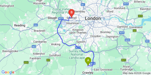 Map: London Gatwick Airport (LGW) to London - Southall