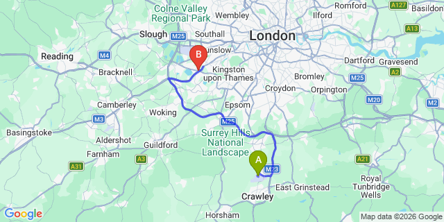Map: London Gatwick Airport (LGW) to London - Sunbury-on-Thames