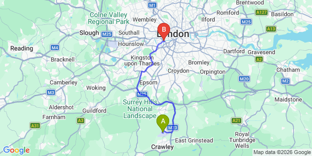 Map: London Gatwick Airport (LGW) to London SW10