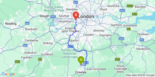 Map: London Gatwick Airport (LGW) to London SW13