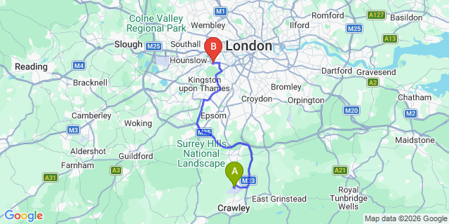 Map: London Gatwick Airport (LGW) to London SW14