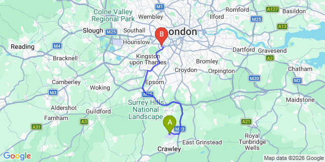 Map: London Gatwick Airport (LGW) to London SW15