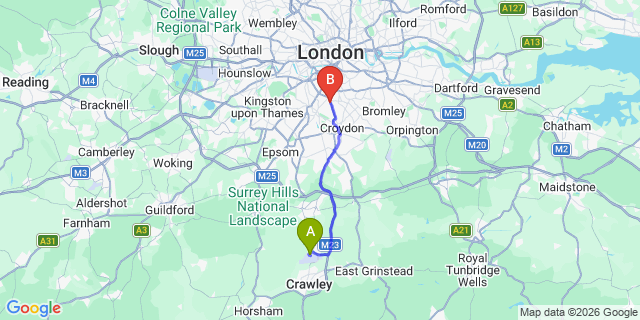 Map: London Gatwick Airport (LGW) to London SW16
