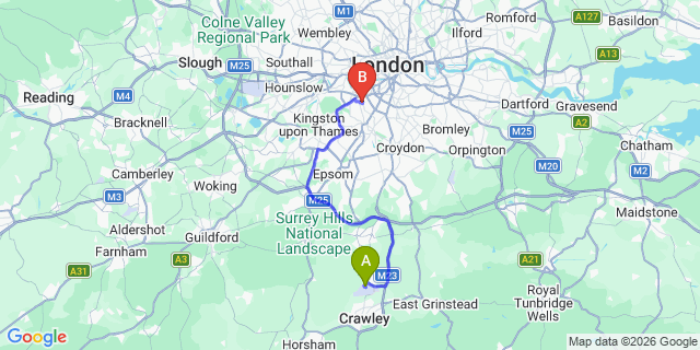 Map: London Gatwick Airport (LGW) to London SW18