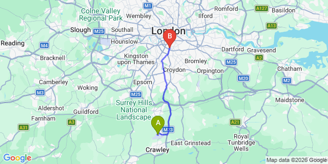 Map: London Gatwick Airport (LGW) to London SW2