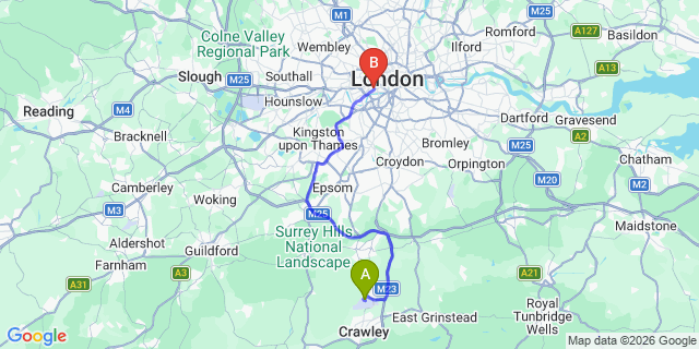 Map: London Gatwick Airport (LGW) to London SW3