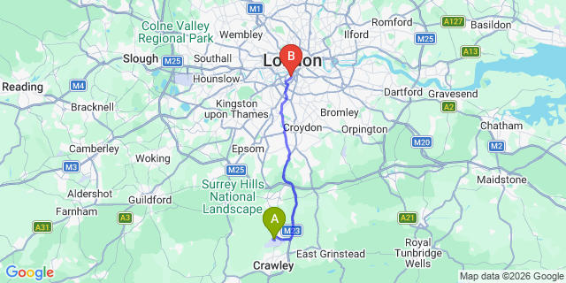 Map: London Gatwick Airport (LGW) to London SW8