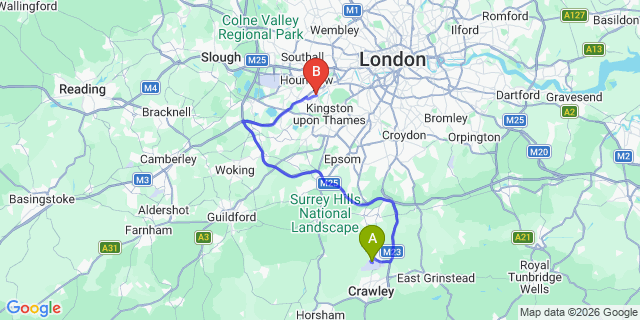 Map: London Gatwick Airport (LGW) to London - Twickenham