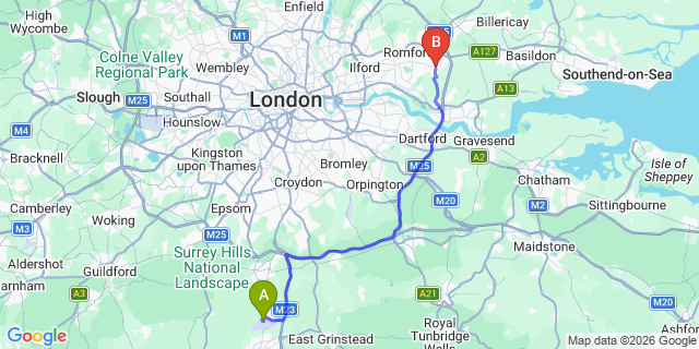 Map: London Gatwick Airport (LGW) to London - Upminster