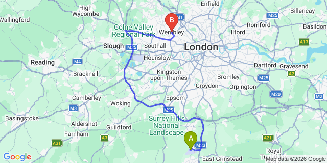 Map: London Gatwick Airport (LGW) to London - Wembley