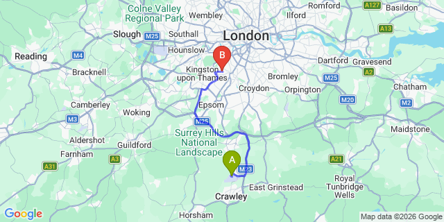 Map: London Gatwick Airport (LGW) to London - Wimbledon