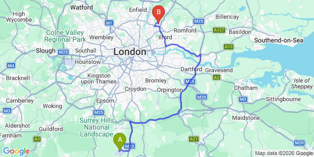 Map: London Gatwick Airport (LGW) to London - Woodford