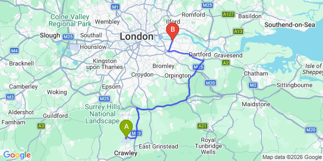 Map: London Gatwick Airport (LGW) to London - Woolwich