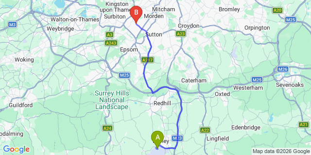 Map: London Gatwick Airport (LGW) to London - Worcester Park