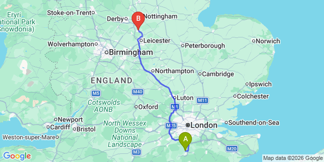 Map: London Gatwick Airport (LGW) to Longhborough