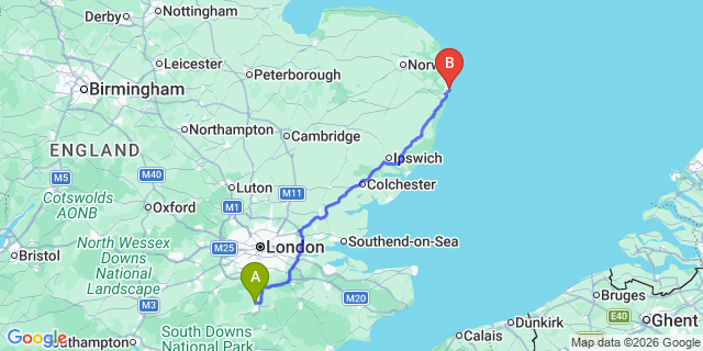 Map: London Gatwick Airport (LGW) to Lowestoft