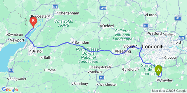 Map: London Gatwick Airport (LGW) to Lydney