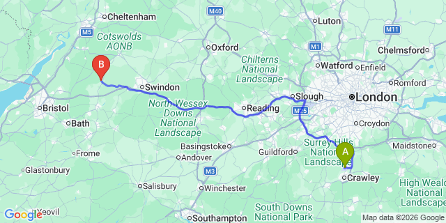 Map: London Gatwick Airport (LGW) to Malmesbury