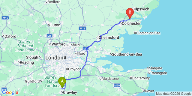 Map: London Gatwick Airport (LGW) to Manningtree