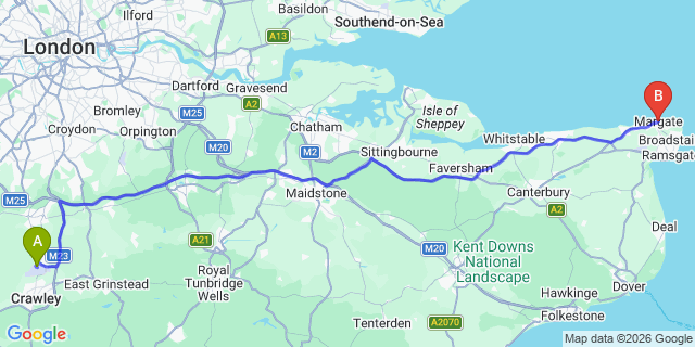 Map: London Gatwick Airport (LGW) to Margate