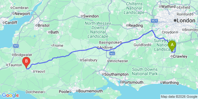 Map: London Gatwick Airport (LGW) to Martock