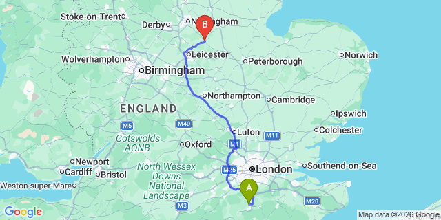 Map: London Gatwick Airport (LGW) to Melton Mowbray