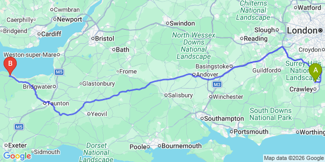 Map: London Gatwick Airport (LGW) to Minehead