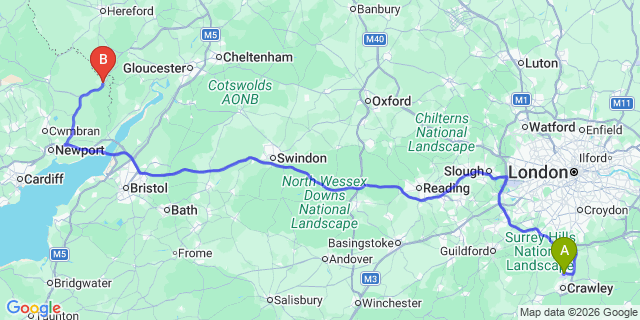 Map: London Gatwick Airport (LGW) to Monmouth