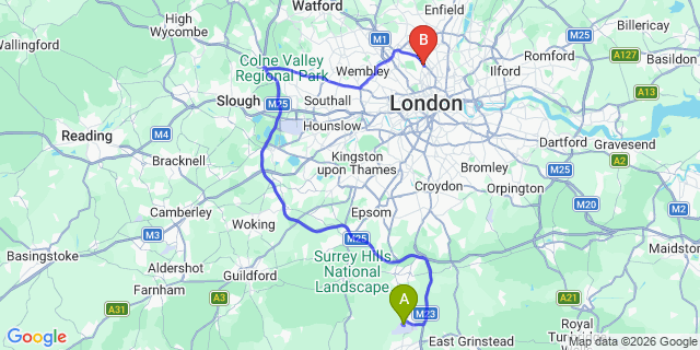 Map: London Gatwick Airport (LGW) to N19 Upper Holloway