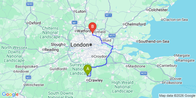 Map: London Gatwick Airport (LGW) to N21 Winchmore Hill