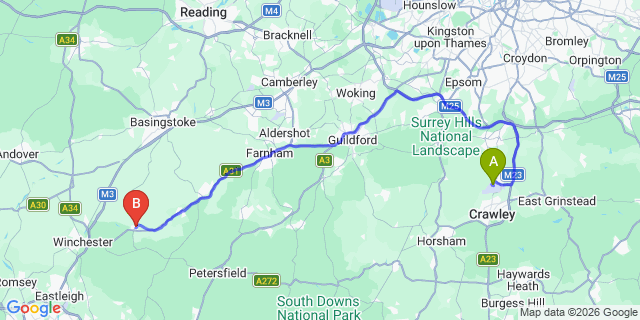 Map: London Gatwick Airport (LGW) to New Alresford