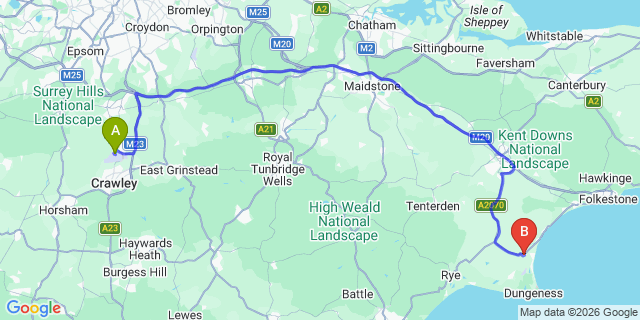 Map: London Gatwick Airport (LGW) to New Romney