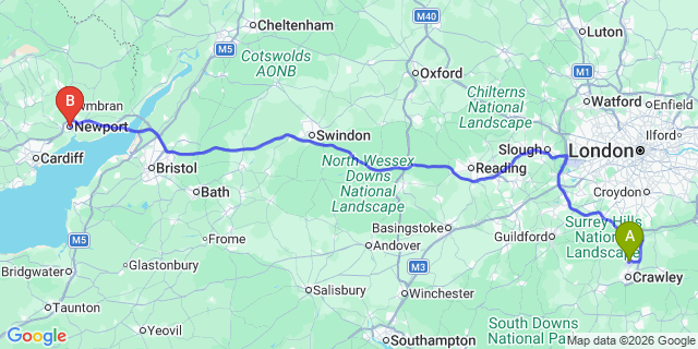 Map: London Gatwick Airport (LGW) to Newport