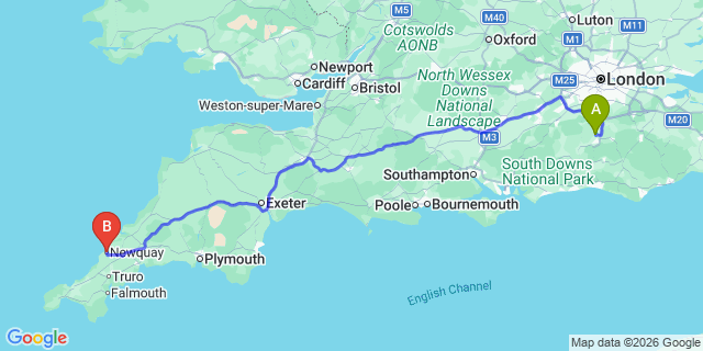 Map: London Gatwick Airport (LGW) to Newquay