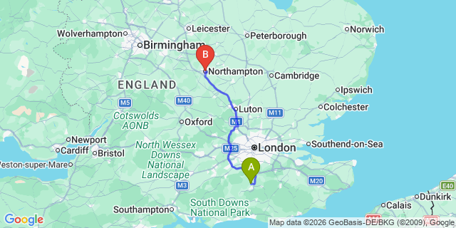 Map: London Gatwick Airport (LGW) to Northampton