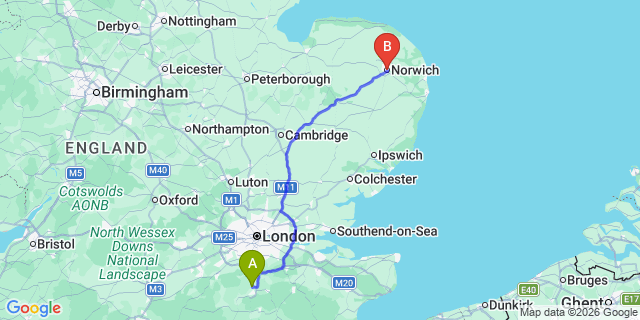 Map: London Gatwick Airport (LGW) to Norwich