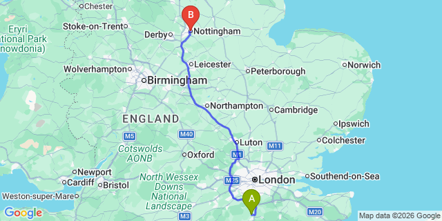 Map: London Gatwick Airport (LGW) to Nottingham