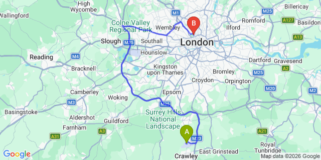 Map: London Gatwick Airport (LGW) to NW1 Camden