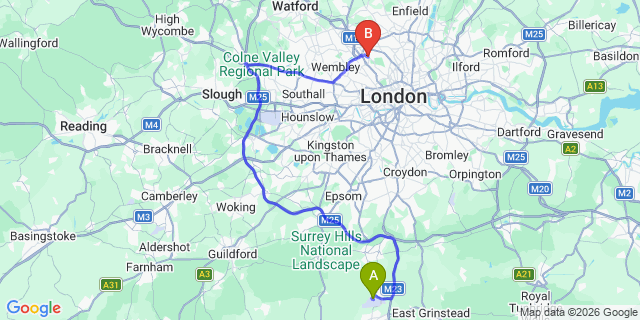 Map: London Gatwick Airport (LGW) to NW11 Golders Green