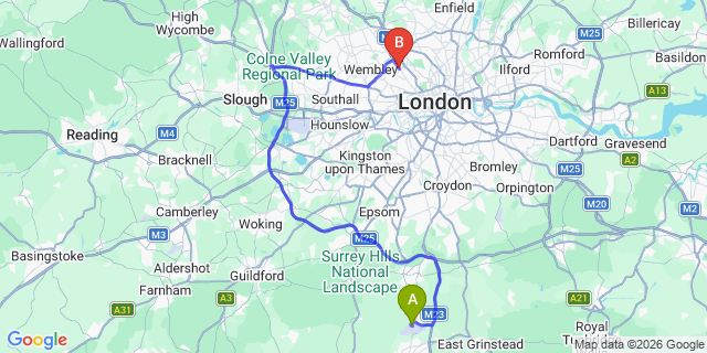 Map: London Gatwick Airport (LGW) to NW2 Cricklewood