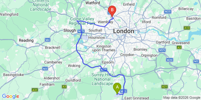 Map: London Gatwick Airport (LGW) to NW4 Hendon
