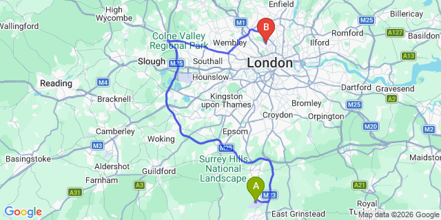 Map: London Gatwick Airport (LGW) to NW5 Kentish Town