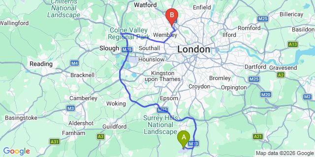 Map: London Gatwick Airport (LGW) to NW9 The Hyde