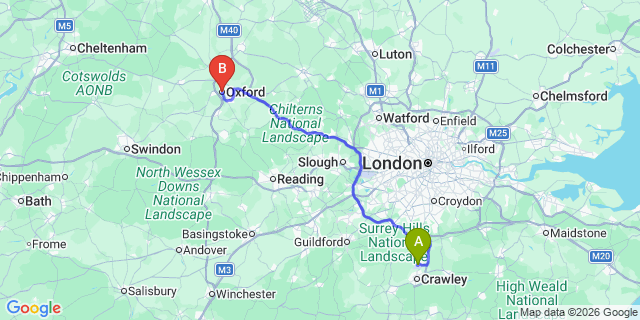Map: London Gatwick Airport (LGW) to Oxford