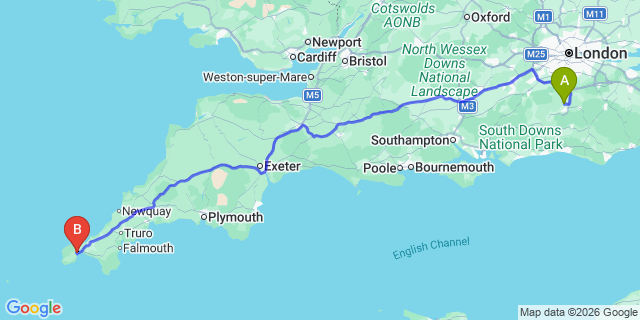 Map: London Gatwick Airport (LGW) to Penzance