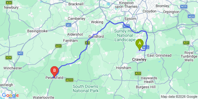 Map: London Gatwick Airport (LGW) to Petersfield