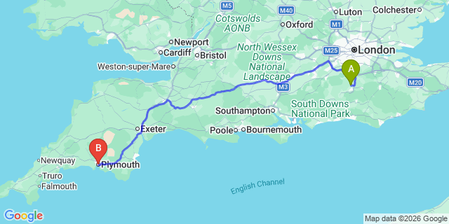 Map: London Gatwick Airport (LGW) to Plymouth