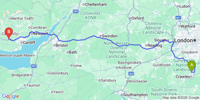Map: London Gatwick Airport (LGW) to Pontyclun